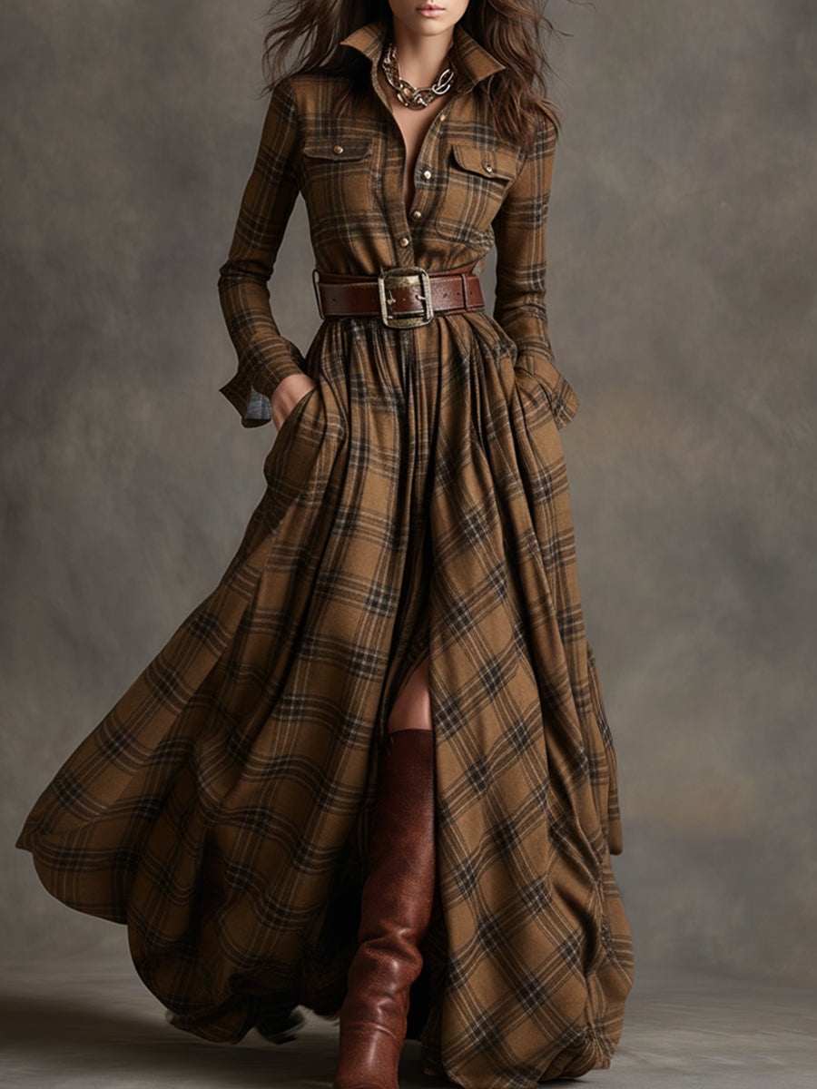 Monica | Brown Plaid Maxi Dress (With Belt)