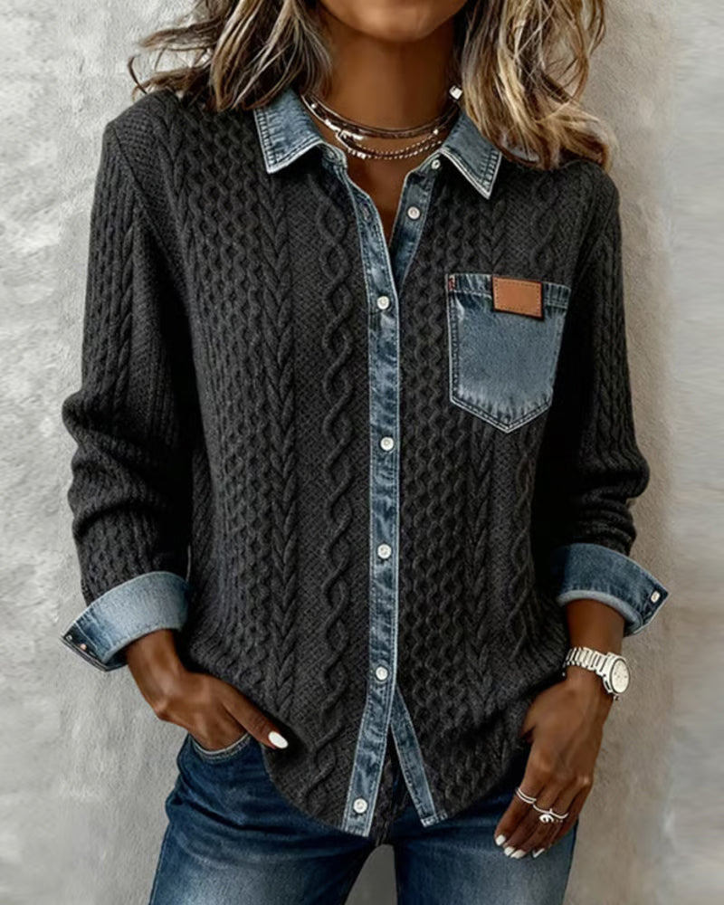Long-Sleeve Shirt with Denim Patchwork