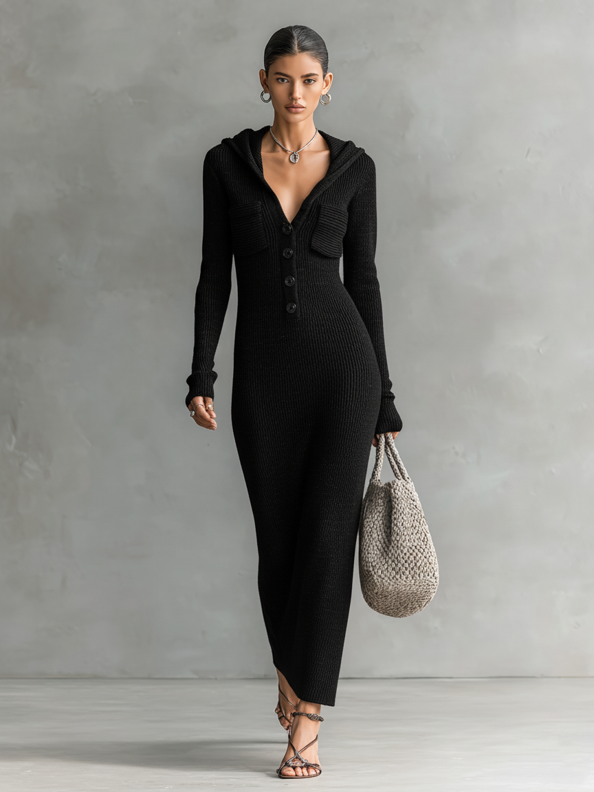 Tracy | Slim-fit Hooded Knitted Maxi Dress