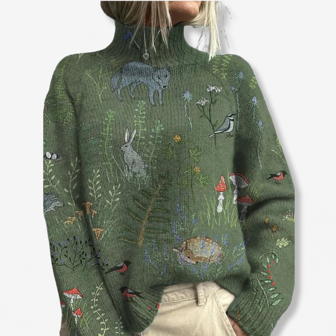 Sara | Knitted Jumper with Forest and Animal Print and Roll Neck